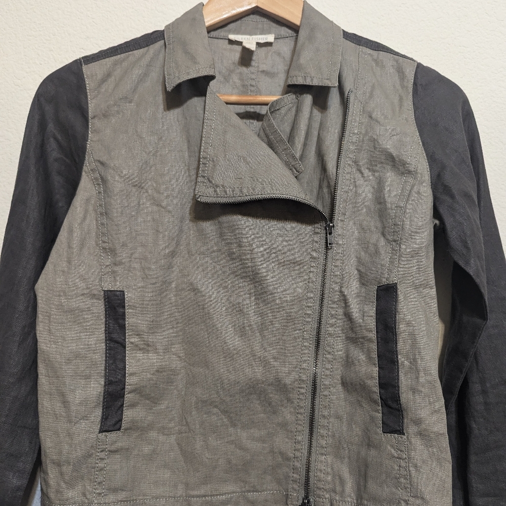 Eileen Fisher Stone Two Tone Jacket Asymmetrical Organic Linen brown-tan Size PP - Picture 3 of 6